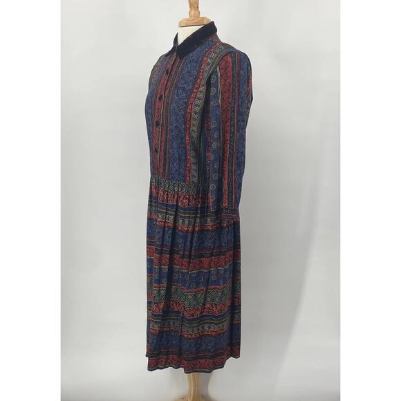 Vintage 70s Shirt Dress Midi Geometric Print Velvet Collar Fit & Flare Womens 10 - Picture 4 of 8